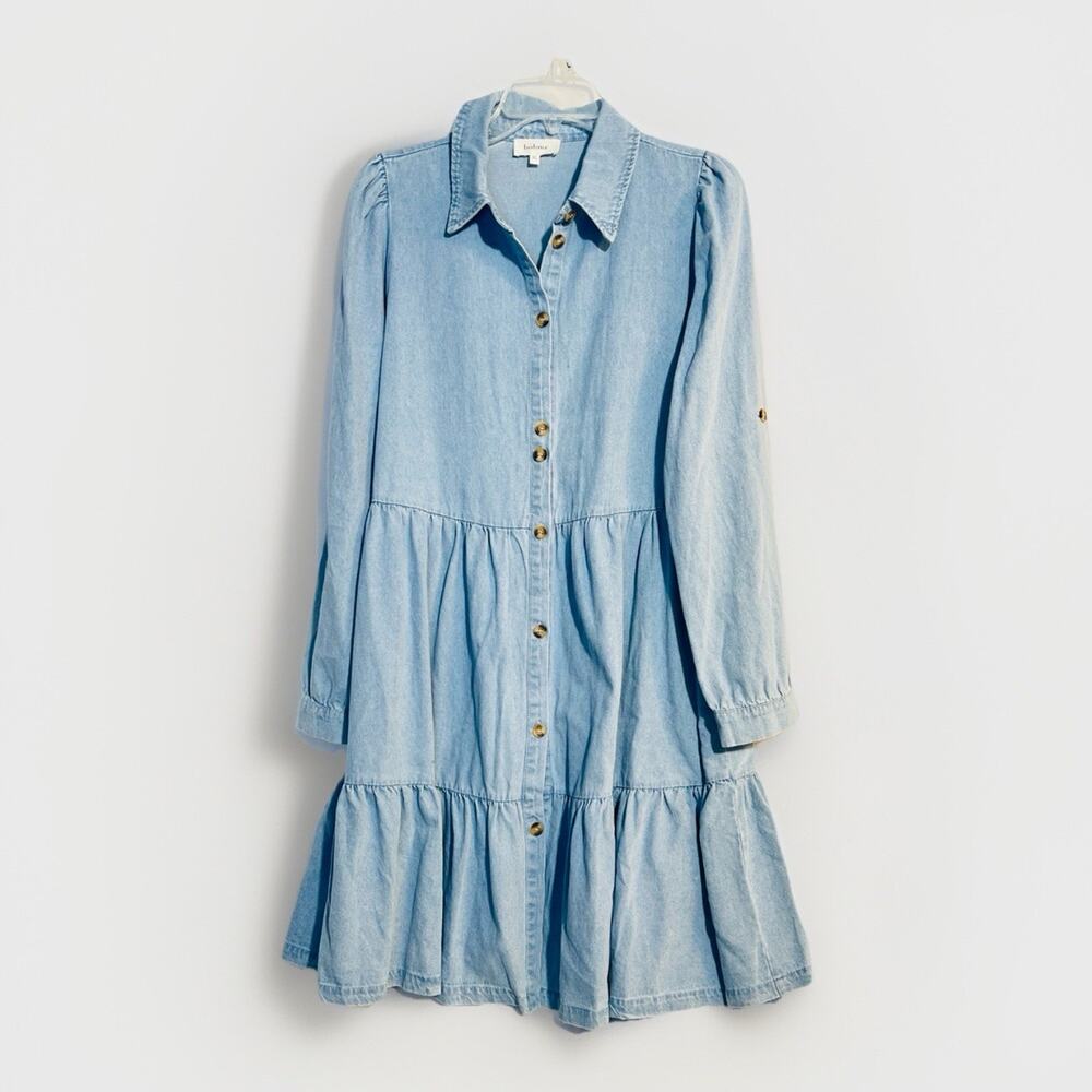 Böhme Western Lt. Wash Tiered Blue Denim Knee Length Buttoned Jean Dress - XL